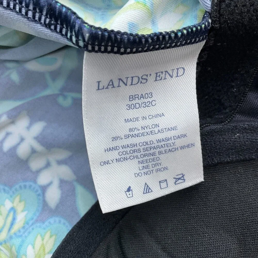Lands End Tankini Top Women 30D/32C Blue‎ Green Floral Twist Underwire Pads Bra
